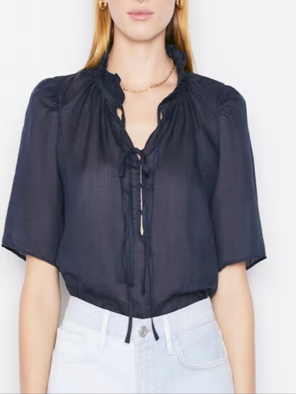 Frame Ramie Tie-Neck Ruffle Popover Top Size XS NAVY